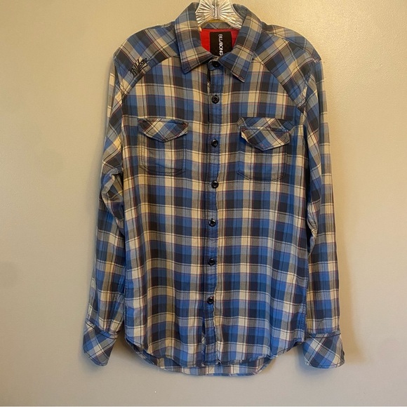 Billabong Plaid Long Sleeve Button Shirt Medium blue Design Works - Picture 1 of 12